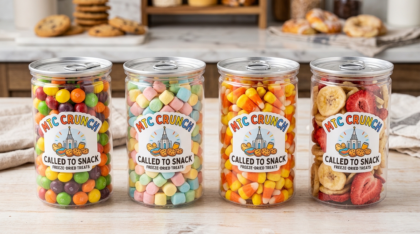 Clear pop-top cans filled with freeze-dried Skittles, marshmallows, candy corn, and banana chips