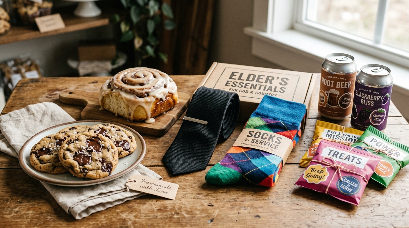 MTC Bakery missionary care package spread with fresh cookies, custom sodas, ties and socks