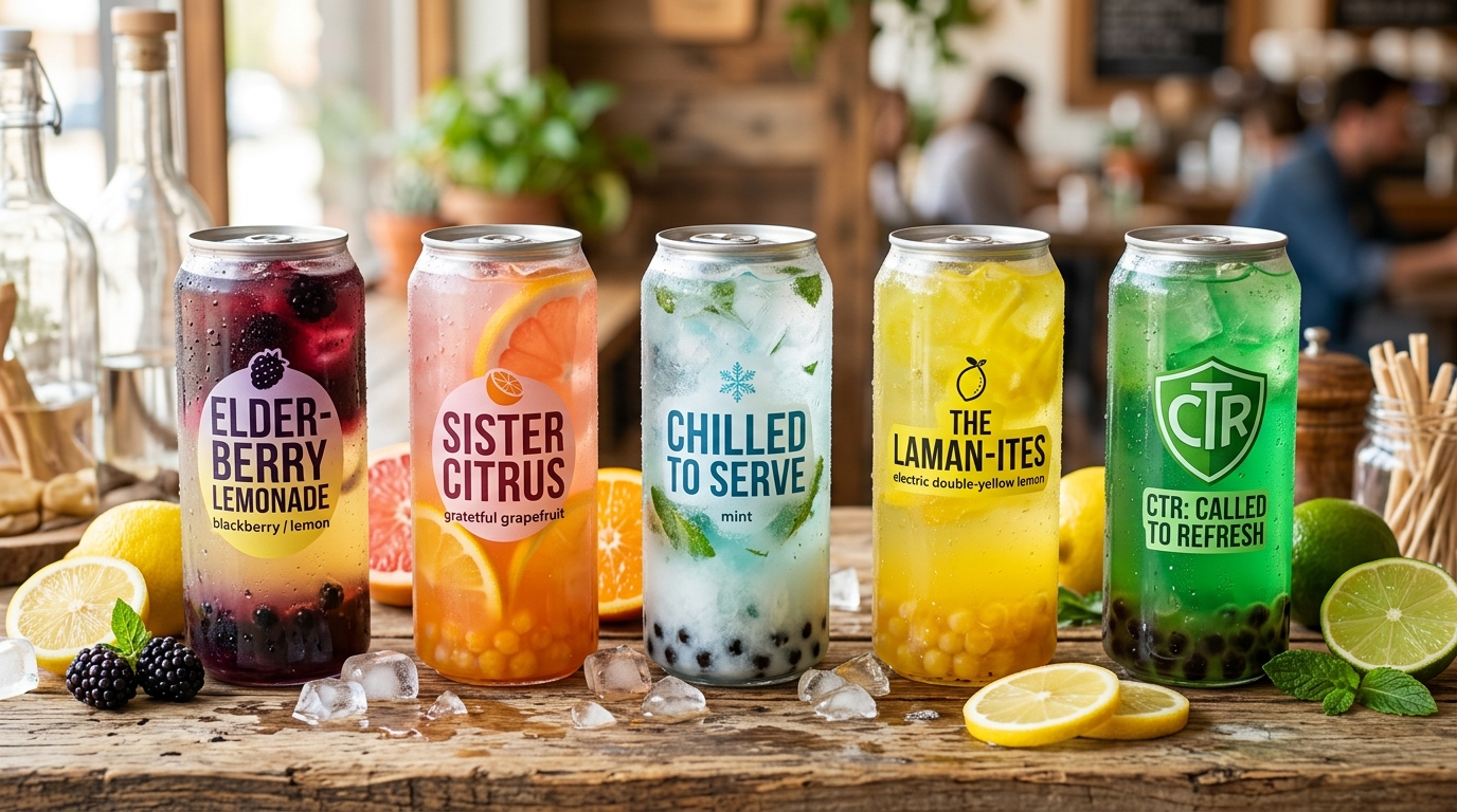 All 5 missionary pun drinks: Elder-Berry, Sister Citrus, Chilled to Serve, The Laman-ites, and CTR: Called to Refresh in clear pop-top cans